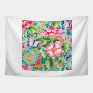 Flowers and butterflies on turquoise Tapestry