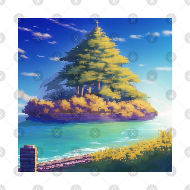 A painting of a small island with a tree on top of it by Tazlo