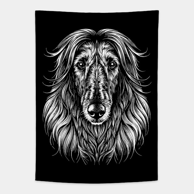 Afghan Hound Dog Portrait White on Black Tapestry by Ravenglow