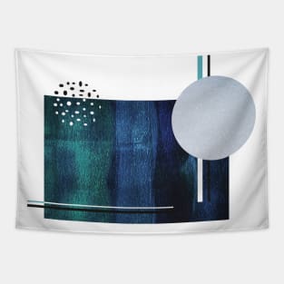 Mid-Century modern inspired textured collage art in teal tones Tapestry