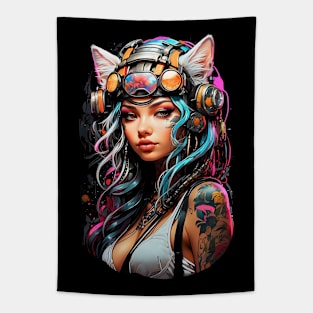 Cyberpunk futuristic girl with cat's ears anime comic Tapestry