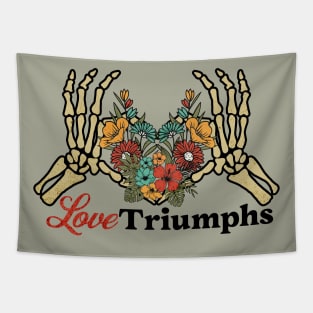 Love Triumphs Skeleton Hand with Flower Heart Tapestry