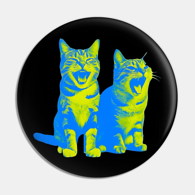 Laughing Cats - duotone blue and yellow Pin by Ravenglow