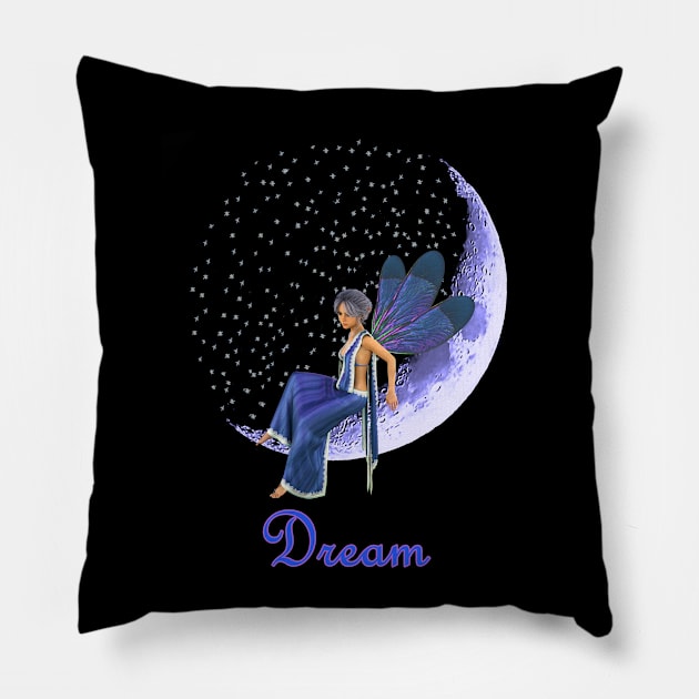 Fairy faerie elf sitting on sickle moon with stars saying dream Pillow by Fantasyart123