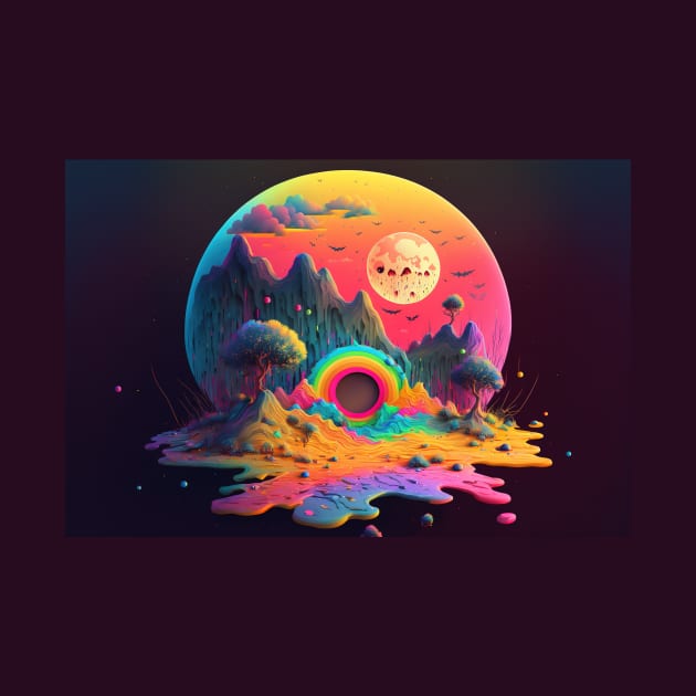 Spooky Moonlit Mountainscape - Psychedelic Landscape - Paint Dripping 3D Illustration - Colorful Haunted Nature Scene by JensenArtCo