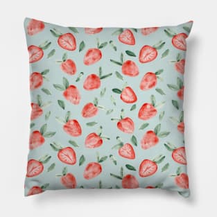 Watercolor painting of tropical strawberries on light greenish blue background Pillow