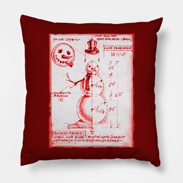 Snowman technical drawing Pillow by KJTcreative