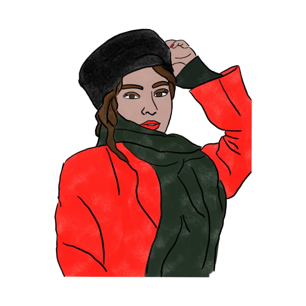 Lady in red coat with black hat, digital portrait painting. by Colzo Art