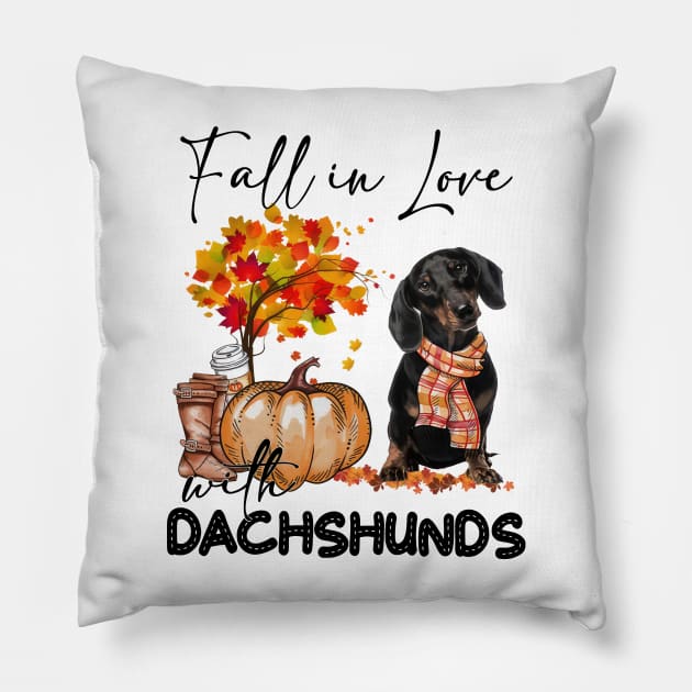 Fall In Love With Dachshunds Dog Fall Pumpkin Thanksgiving Pillow by TATTOO project