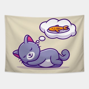 Cute Cat Sleeping And Dreaming Fish Tapestry