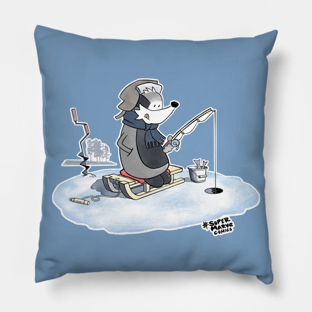 Ice Fishing Badger Pillow by Super Marve