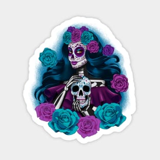 mexican catrina holding a sugar skull with flowers Magnet