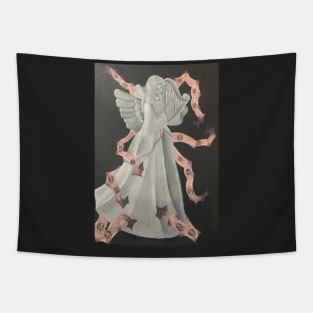 Angel playing harp wrapped in eye ribbon Tapestry