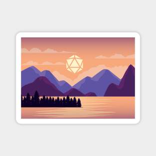 Purple Mountains Sunset Polyhedral Dice Sun Tabletop RPG Landscape Magnet