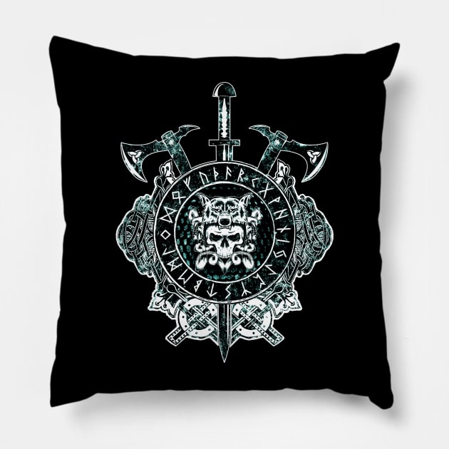 Warriors Way, Viking Skull with Norse Runes Pillow by Lenny241