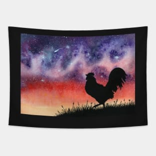 Sunset Rooster and Starry Sky Watercolor Tapestry