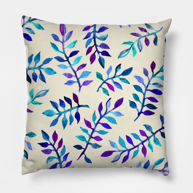 Hand Painted Purple & Aqua Leaf Pattern on Cream Pillow by micklyn