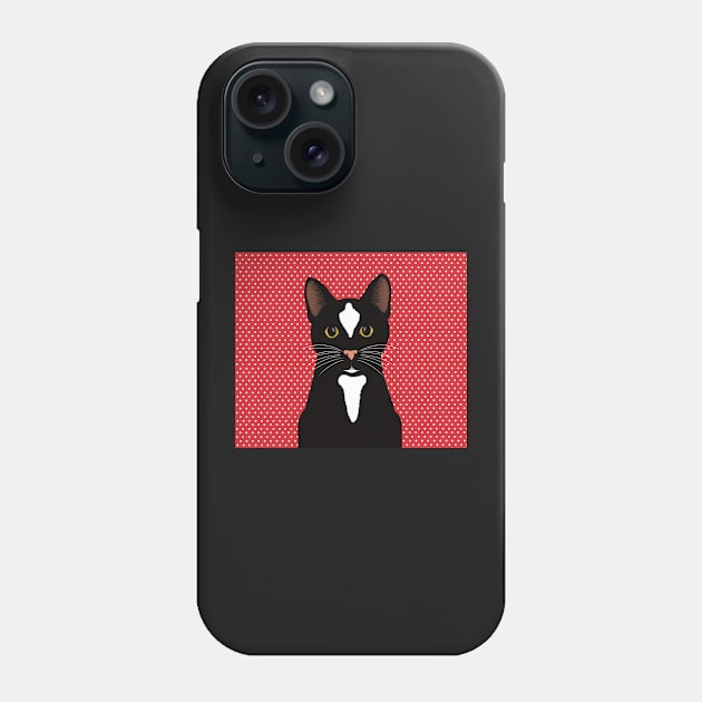 The cute and alert black and  white cat is waiting and watching you , red and white dotted background Phone Case by marina63