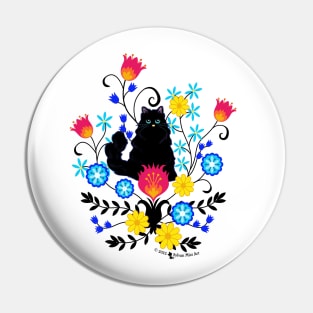 Black Fluffy Cat with Flowers Pin