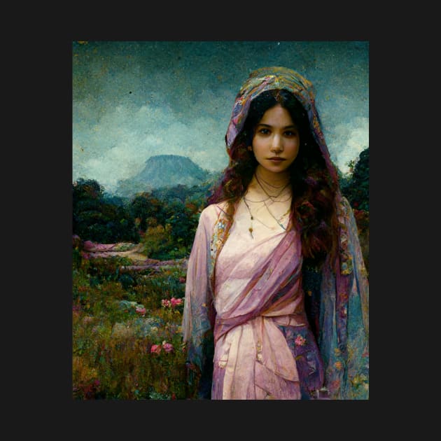 Mary Magdalene, Beautiful Woman, Silk Clothes, Surrounded by a Lush Natural Landscape, Pastel Colors, Mystic, Fantasy, Highly Detailed, Fineart by AntielARt