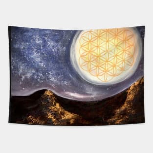 Sacred geometry - moon with flower of life Tapestry