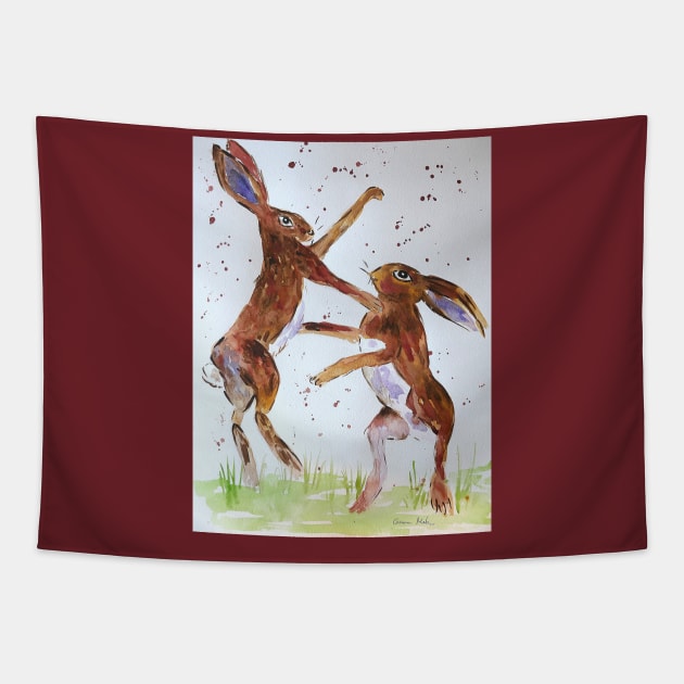 Hares Boxing Tapestry by Casimirasquirkyart