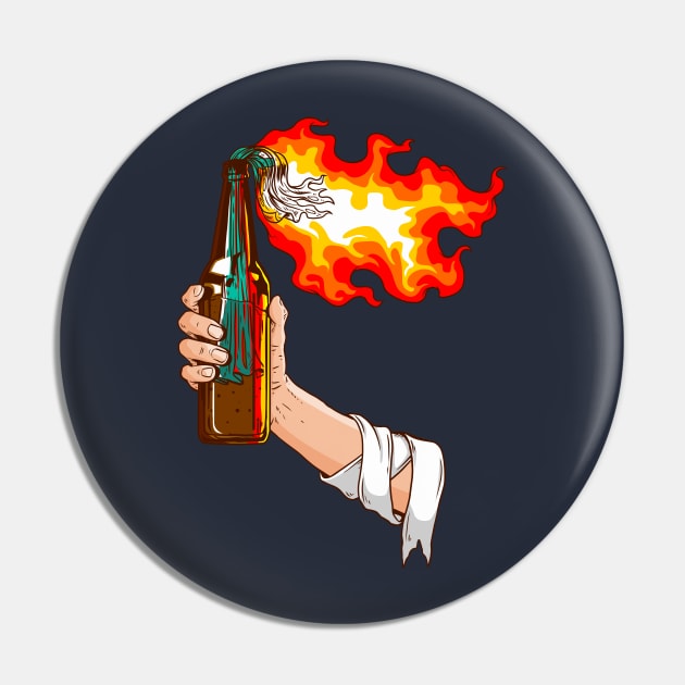 hand holding burning Molotov Pin by Mako Design 