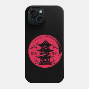 Black pagoda on a red circle with storks Phone Case