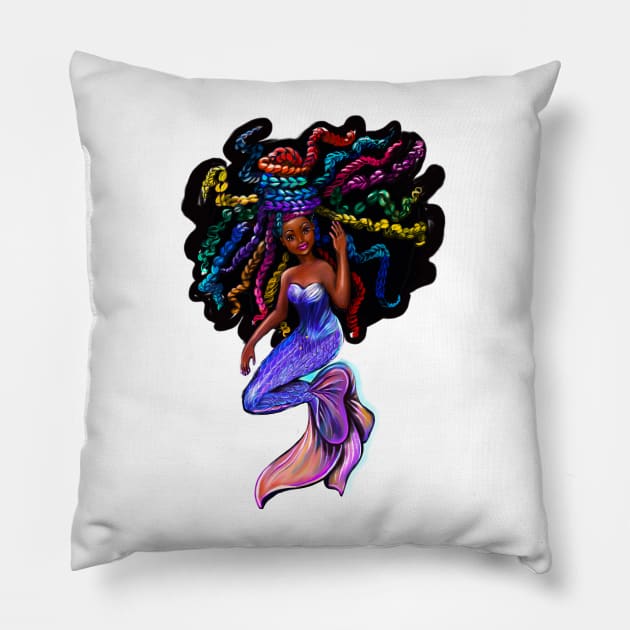 African American mermaid with flowing rainbow braids , brown eyes curly Afro hair and caramel brown skin Pillow by Artonmytee