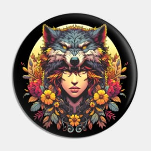 Wild Wolf Woman in Headdress Pin