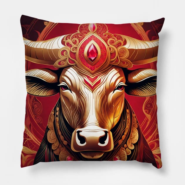 Gold and Ruby Bull No.1 Pillow by R.W.TDesign