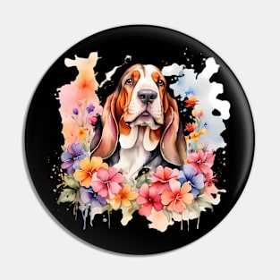 A basset hound decorated with beautiful watercolor flowers Pin