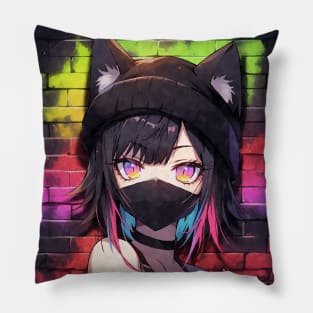 Kawaii Aesthetic Colorful Nekomimi Anime Cat Girl Graffiti Art Style Pillow