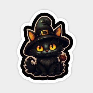 Black Cat In Witches Hat - Black Cats Spooky Halloween Magnet