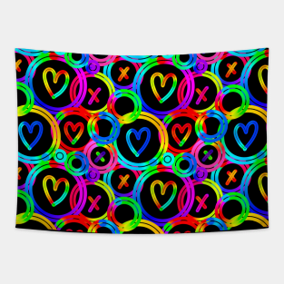 Funky neon rainbow gradient circles pattern with hearts and x shapes Tapestry