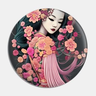 Beaux Animes Art Fantasy Japanese Geisha Girl with flowers Illustration Design Pin