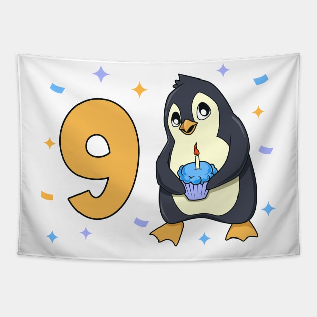 I am 9 with penguin - kids birthday 9 years old Tapestry by Modern Medieval Design