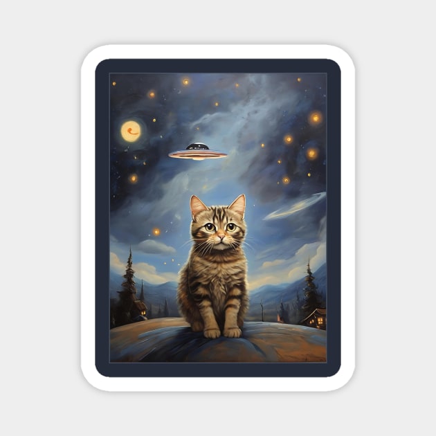 Cat with UFO Alien Magnet by QuirkyQuest Creations