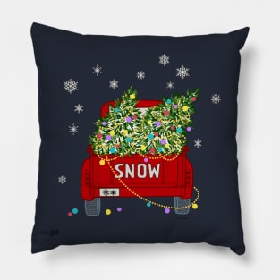 Decorated Christmas Trees on Red Old Truck Snowing Pillow