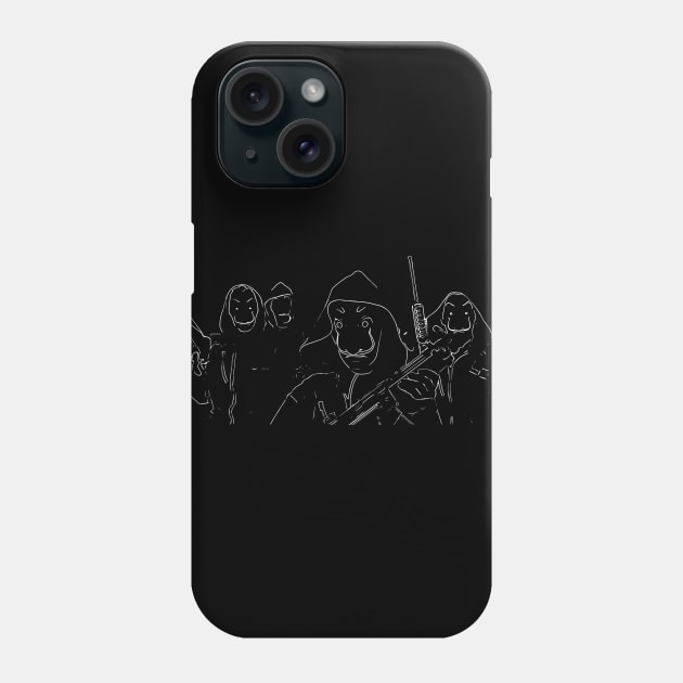 Four members with Salvador Dalí masks, red suits, mustache and machine guns as a white outline sketch money heist (vers. 3) Phone Case by ComicPrint