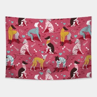 Greyhounds dogwalk // pattern // red background Tapestry