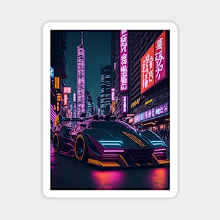 Dark Neon City Sports Car Magnet