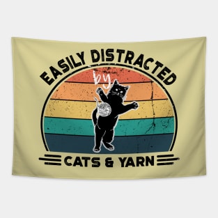 Easily Distracted by Cats and Yarn, Perfect Funny Cat lovers Gift Idea, Distressed Retro Vintage Tapestry