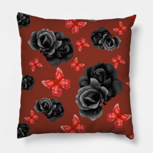 Red Butterflies and Black Roses w/ dark red background Pillow