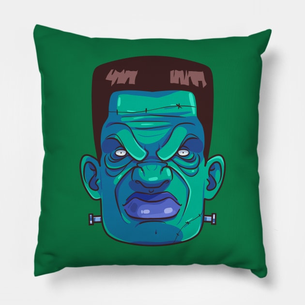 Frankenstein Monster Face Happy Halloween Scary Pillow by Noseking
