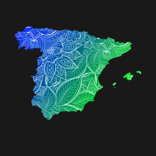 Colorful mandala art map of Spain with text in blue and green T-Shirt