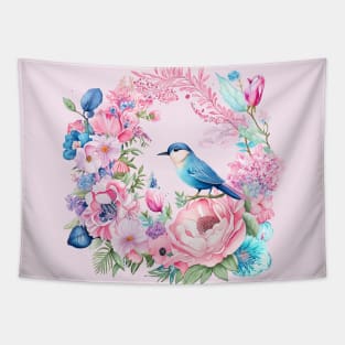 Funny bird and purple, pink wildflowers meadow, Lavender Flowers wreath Watercolor Artwork Romance bouquet flowers Birthday, Holiday, Wedding Day, Grandma, Girls, Women's Day gifts and decoration Tapestry