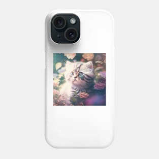 Cute Grey Kitten Floral Background | White, brown and grey cat with blue eyes | Digital art Sticker Phone Case