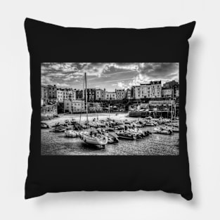Tenby Harbour Boats, Black And White Pillow