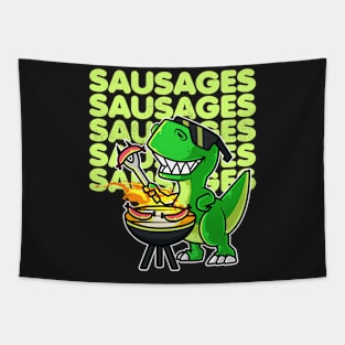 Cool Dinosaur Tyrannosaurus Cooking Sausages Barbecue BBQ design Tapestry